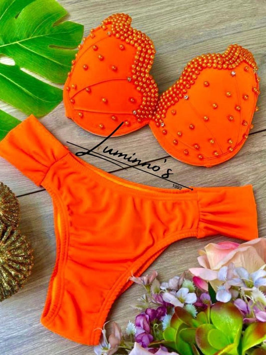 Conjunto de bikini de lujo bordado a mano de Luminno - Naranja concha