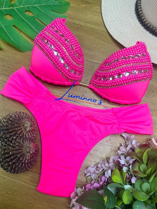 Conjunto de bikini de lujo bordado a mano de Luminno - Rosa Princesa