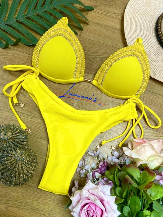 Conjunto de bikini de lujo bordado a mano de Luminno - Amarillo de lujo