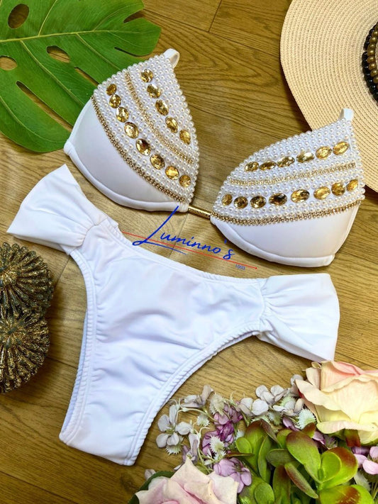 Conjunto de bikini de lujo bordado a mano de Luminno - Princesa Blanca