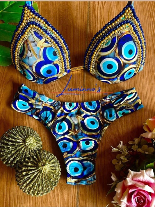 Conjunto de bikini de lujo bordado a mano de Luminno - Ojo griego