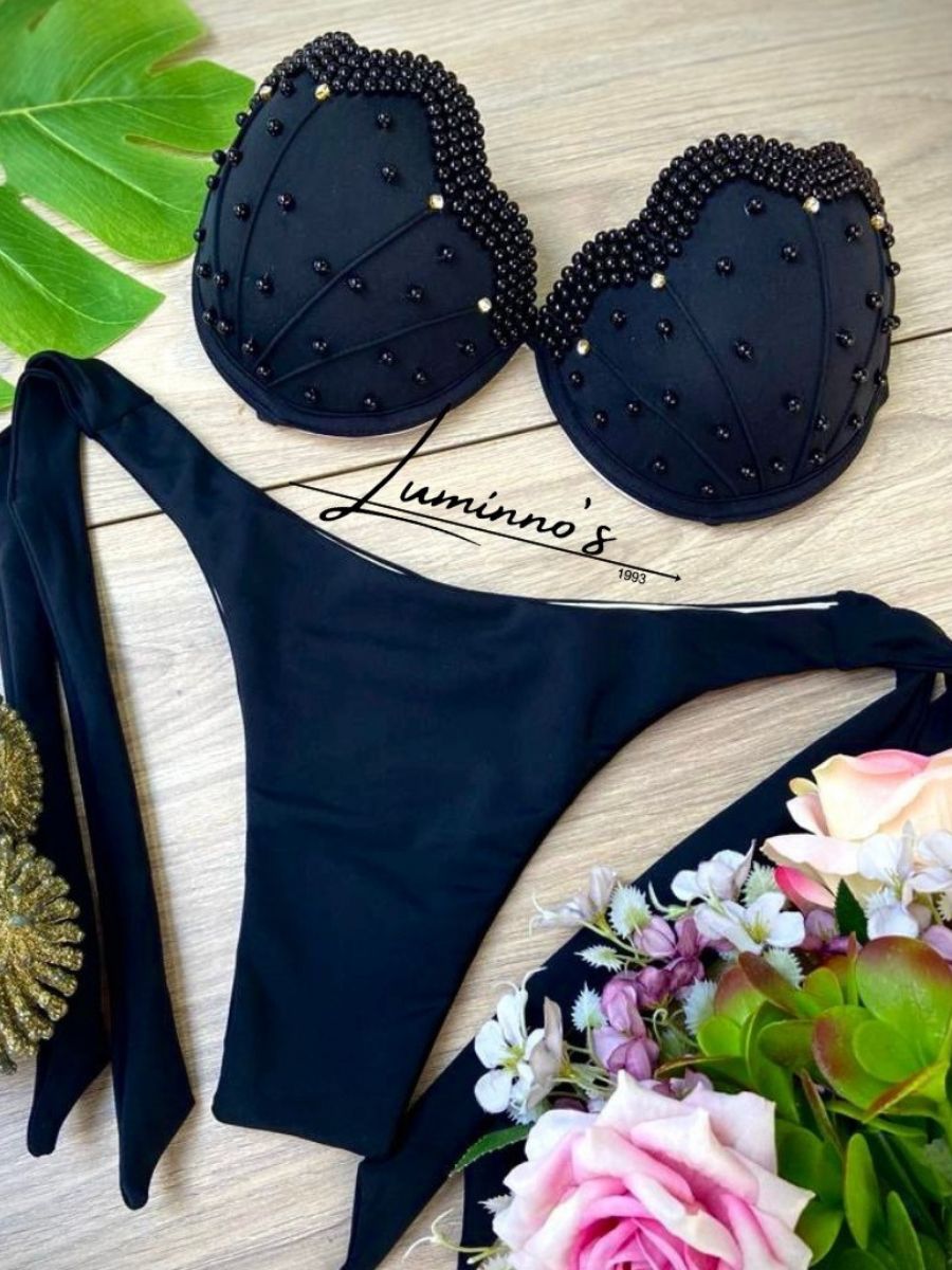 Luminno's Hand-Embroidered Luxury Bikini Set - Black Shell