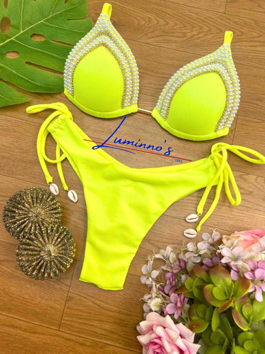 Luminno's Hand-Embroidered Luxury Bikini Set - Neon