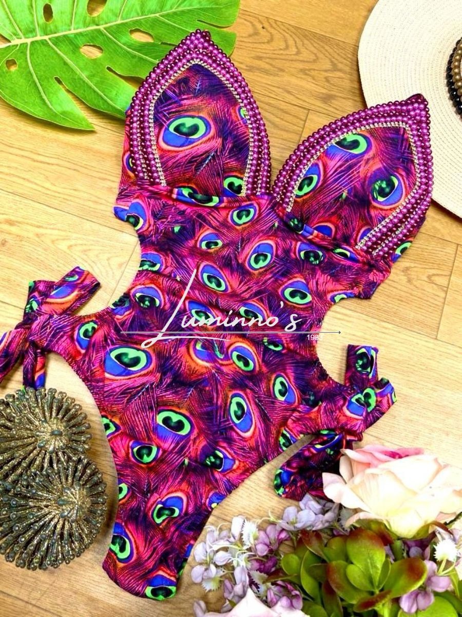 Luminno's Hand-Embroidered Luxury Swimsuit - Peacock