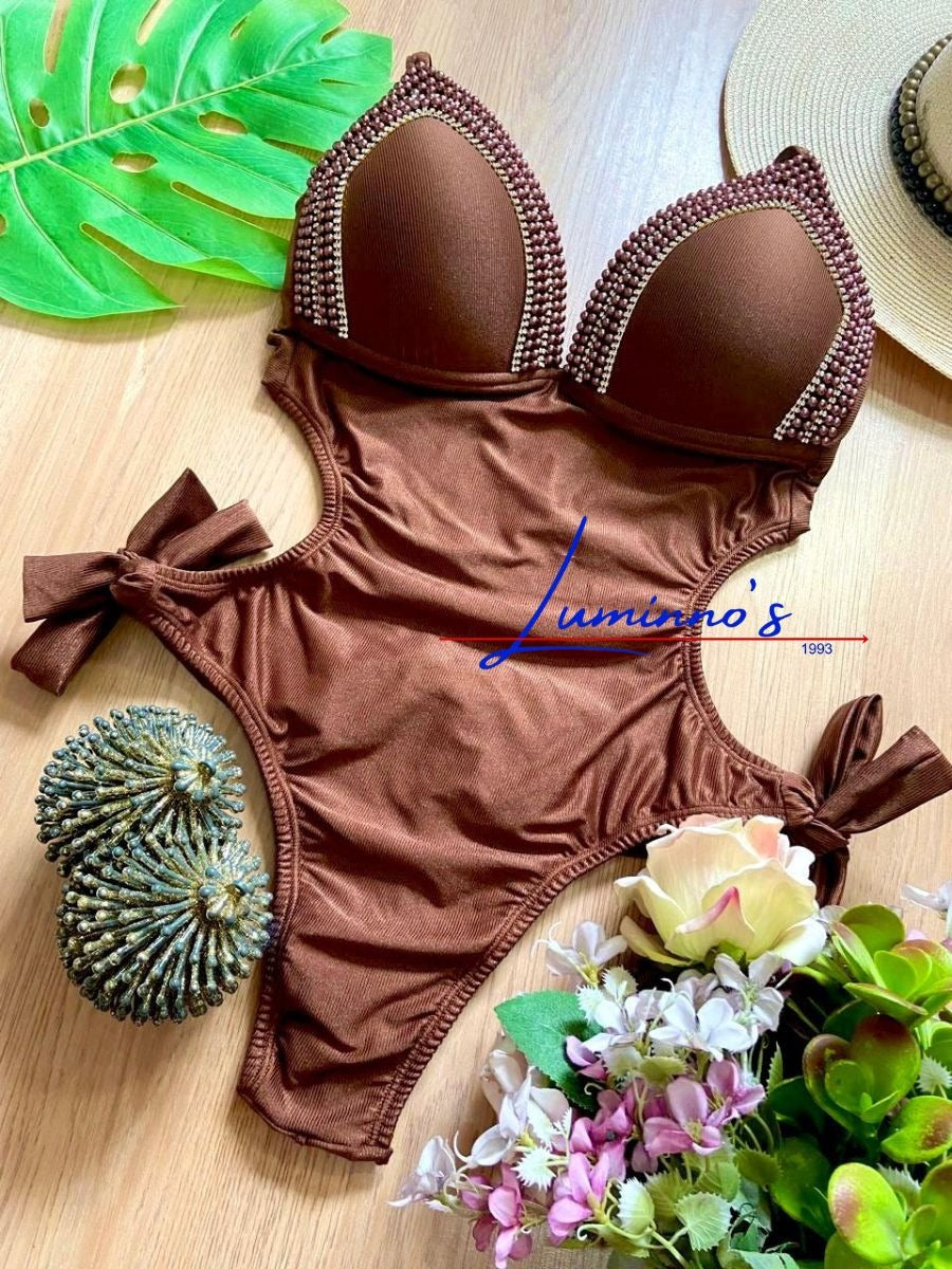 Luminno's Hand-Embroidered Luxury Swimsuit - Brown