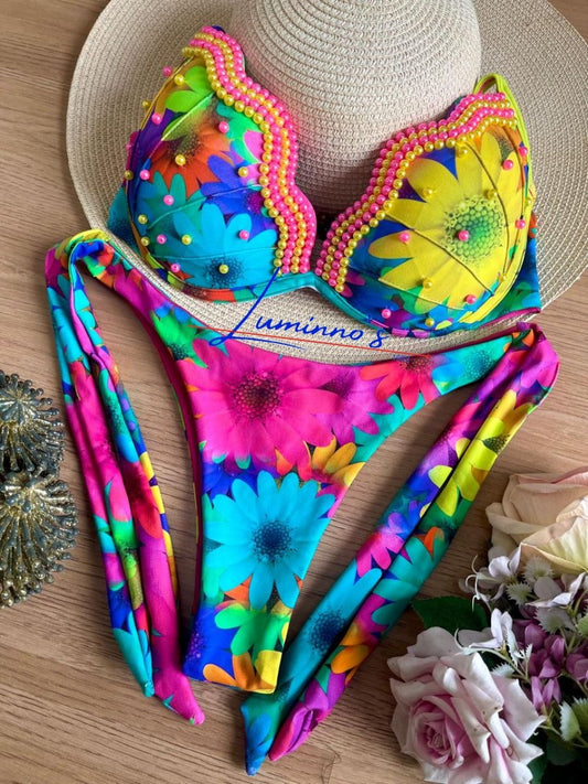 Luminno's Hand-Embroidered Luxury Bikini Set - Printemps Shell