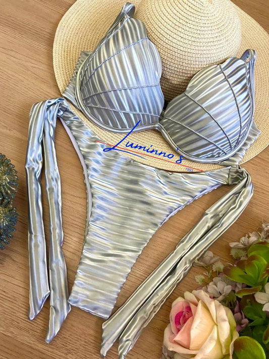 Luminno's Hand-Embroidered Luxury Bikini Set - 3D Silver Shell