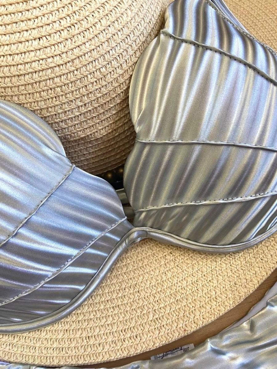 Conjunto de bikini de lujo bordado a mano de Luminno - Concha plateada 3D